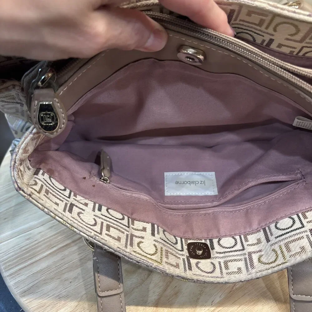Vintage Liz Claiborne Handbag Beige Silver Two Handle Monogram Satchel Y2K